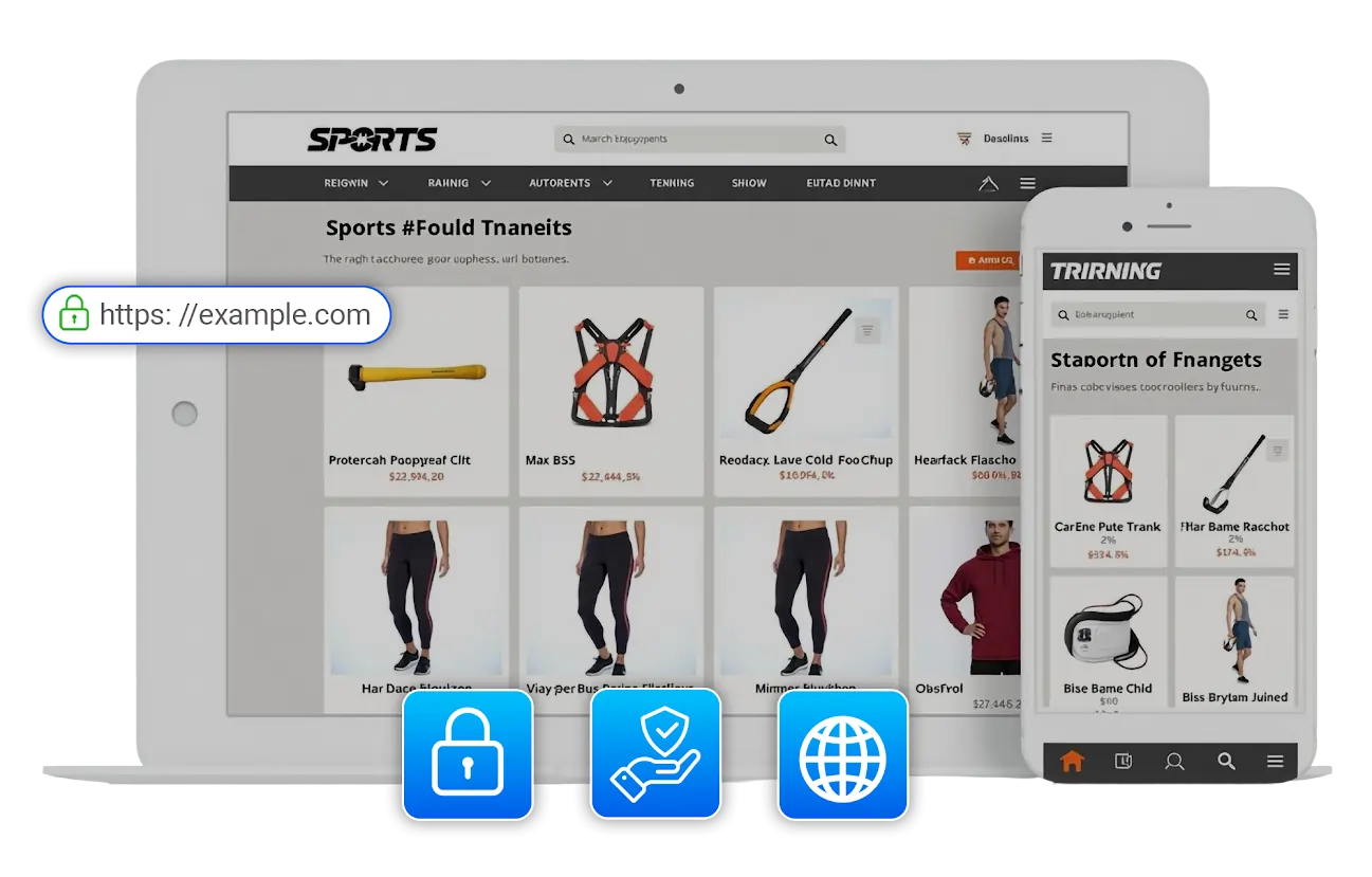Modern website mockup on tablet and smartphone showing secure SSL encryption with a green padlock and trust icons, representing Hostverge secure hosting services